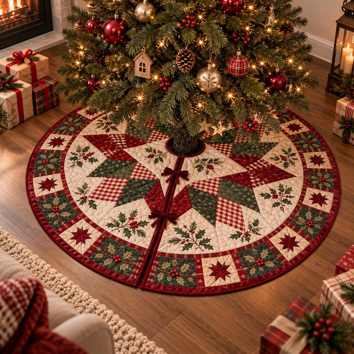 Christmas Tree Skirt, Quilted Patchwork Tree Skirt