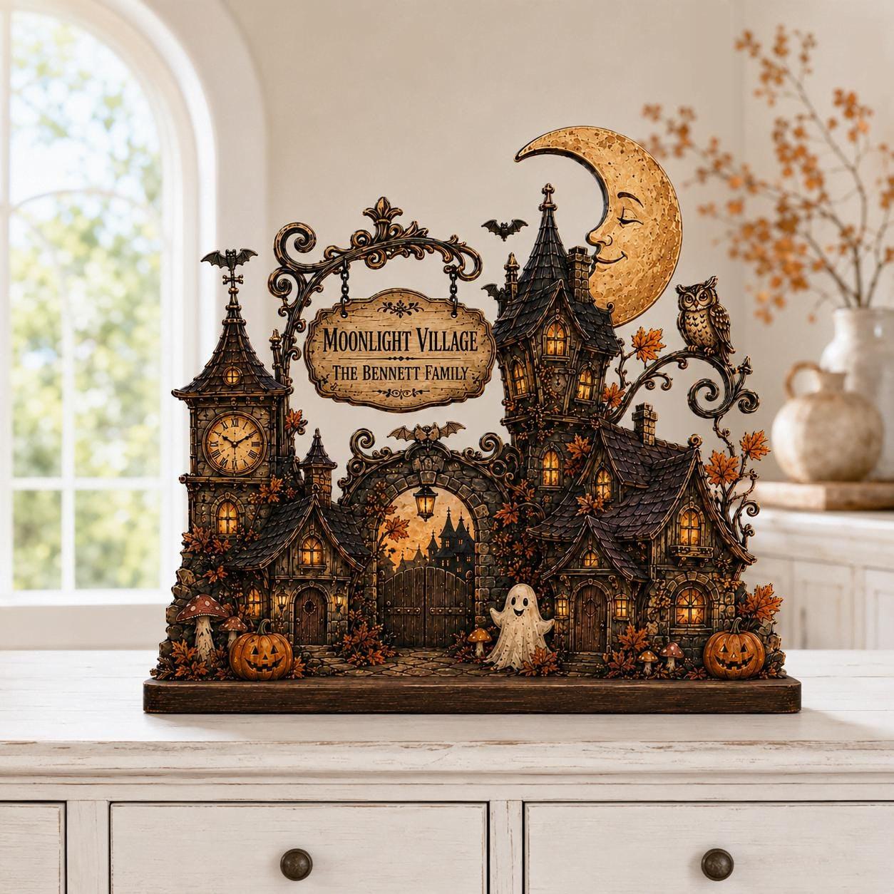 Personalized Moonlight Village Wood Block, Halloween Family Name Decor