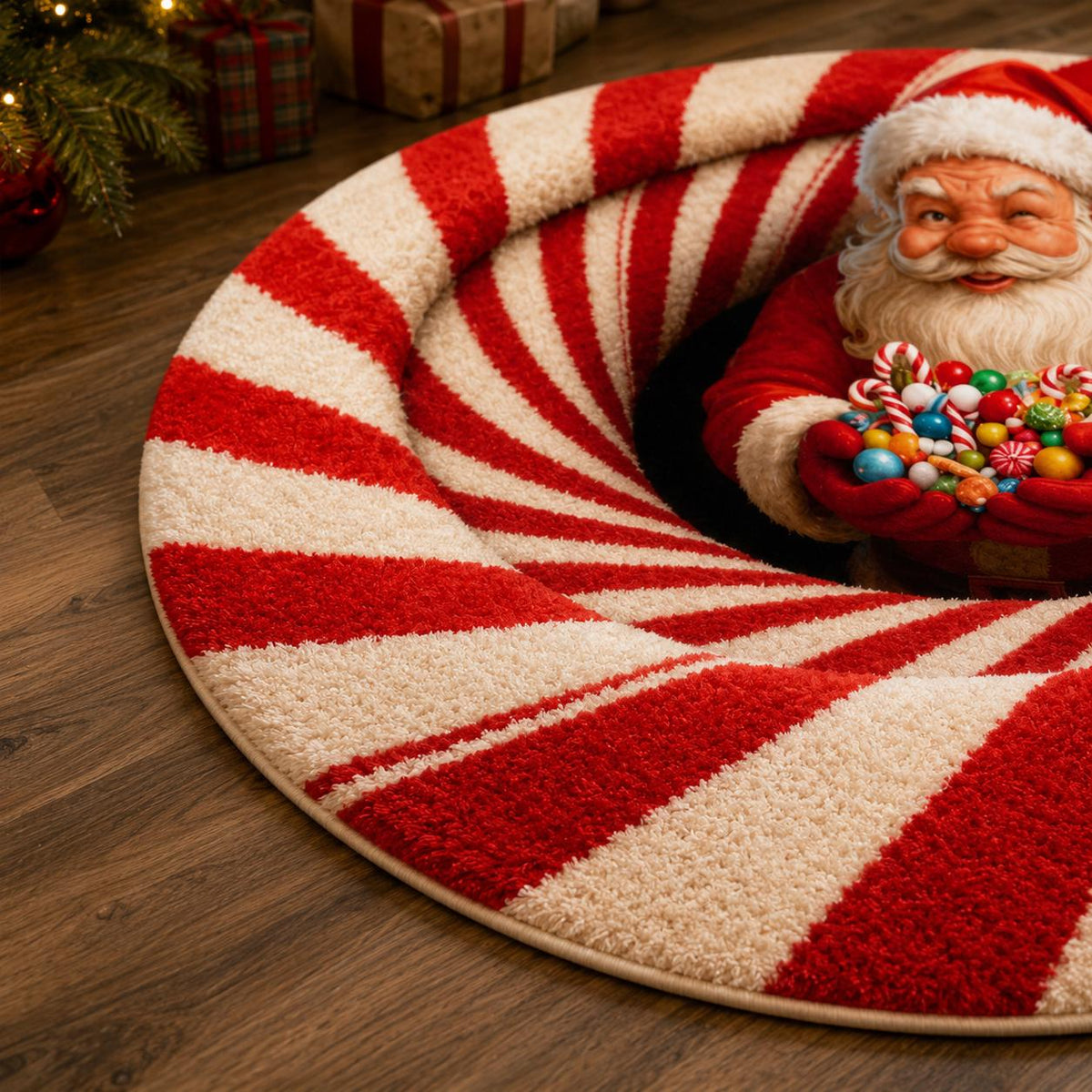 3D Santa Candy Cane Christmas Round Rug