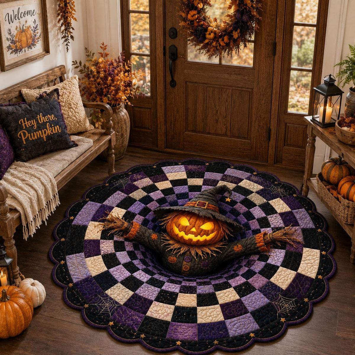 3D Pumpkin Scarecrow Halloween Round Rug