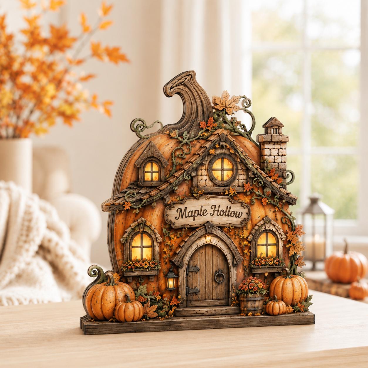 Personalized Pumpkin House Wood Block, Rustic Fall Harvest Decor