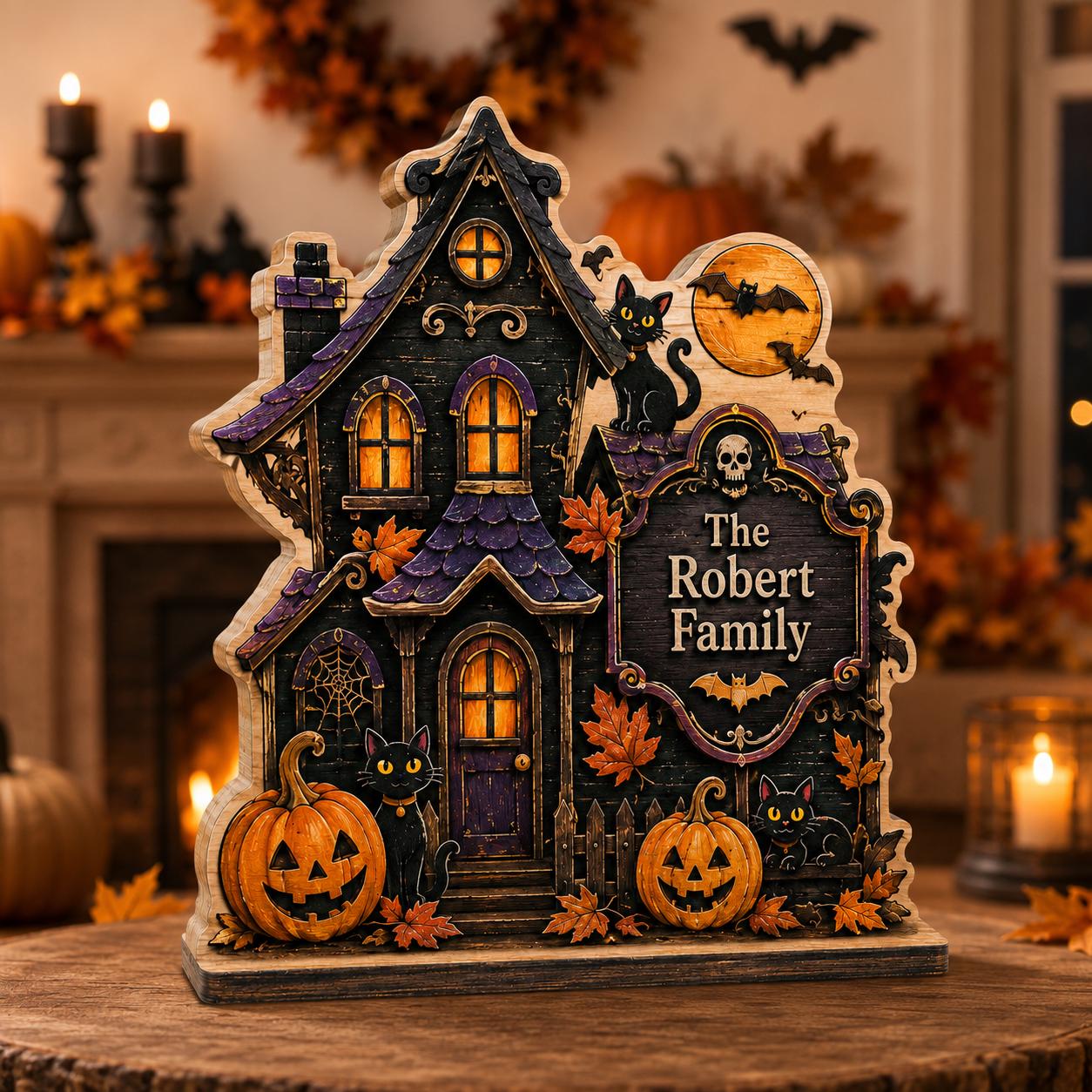 Personalized Black Cat Haunted House Wood Block, Family Halloween Decor