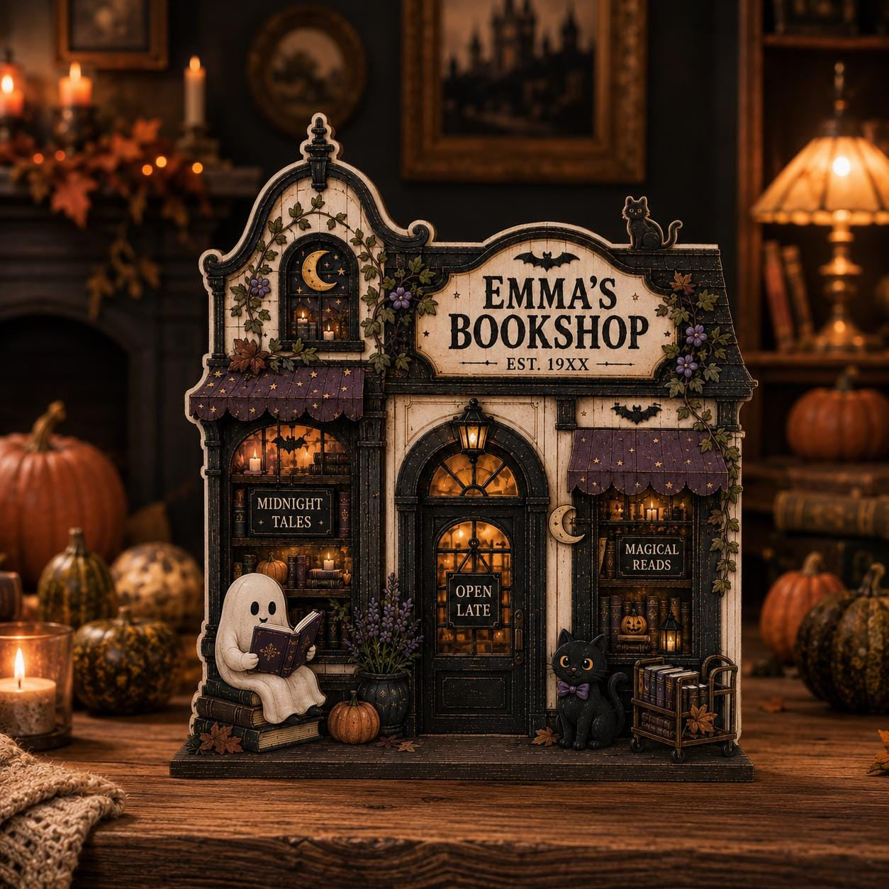 Personalized Ghost Reading Bookshop Sign, Spooky Miniature Shelf Display, Book Lover Decor, Halloween Gift