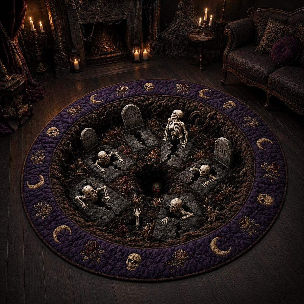 3D Skeleton Graveyard Halloween Round Rug