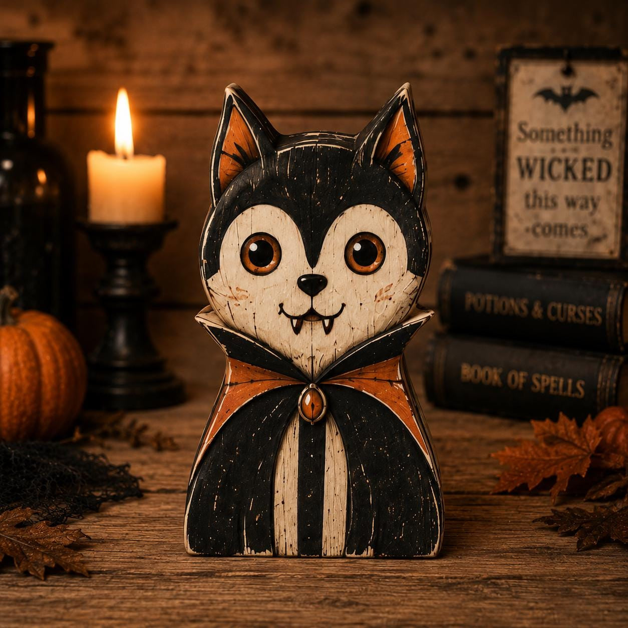 Halloween Wooden Block Set, Spooky Character Decor, Pumpkin Cat Ghost Shelf Sitter, Rustic Halloween Tiered Tray Decor