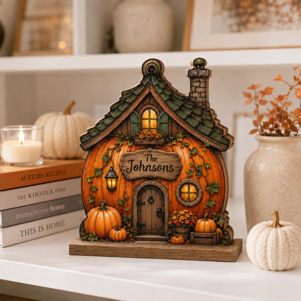 Personalized Pumpkin House Wood Block, Custom Fall Cottage Decor