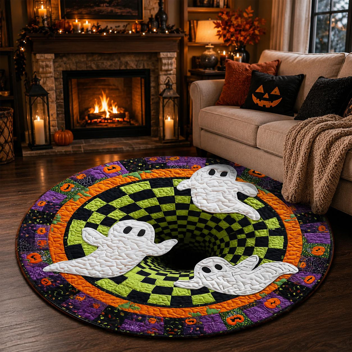 3D Ghost Halloween Rug, Round Spooky Checkerboard Optical Illusion Rug