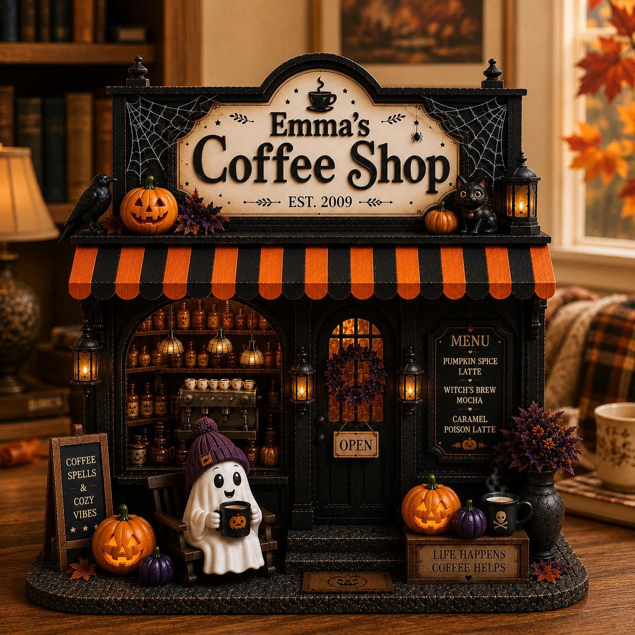 Personalized Ghost Coffee Shop Wood Sign, Spooky Halloween Shelf Decor