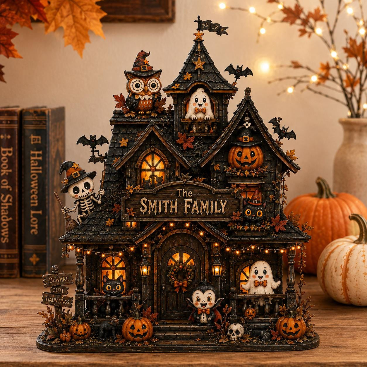 Personalized Haunted House Wood Block, Custom Family Halloween Decor