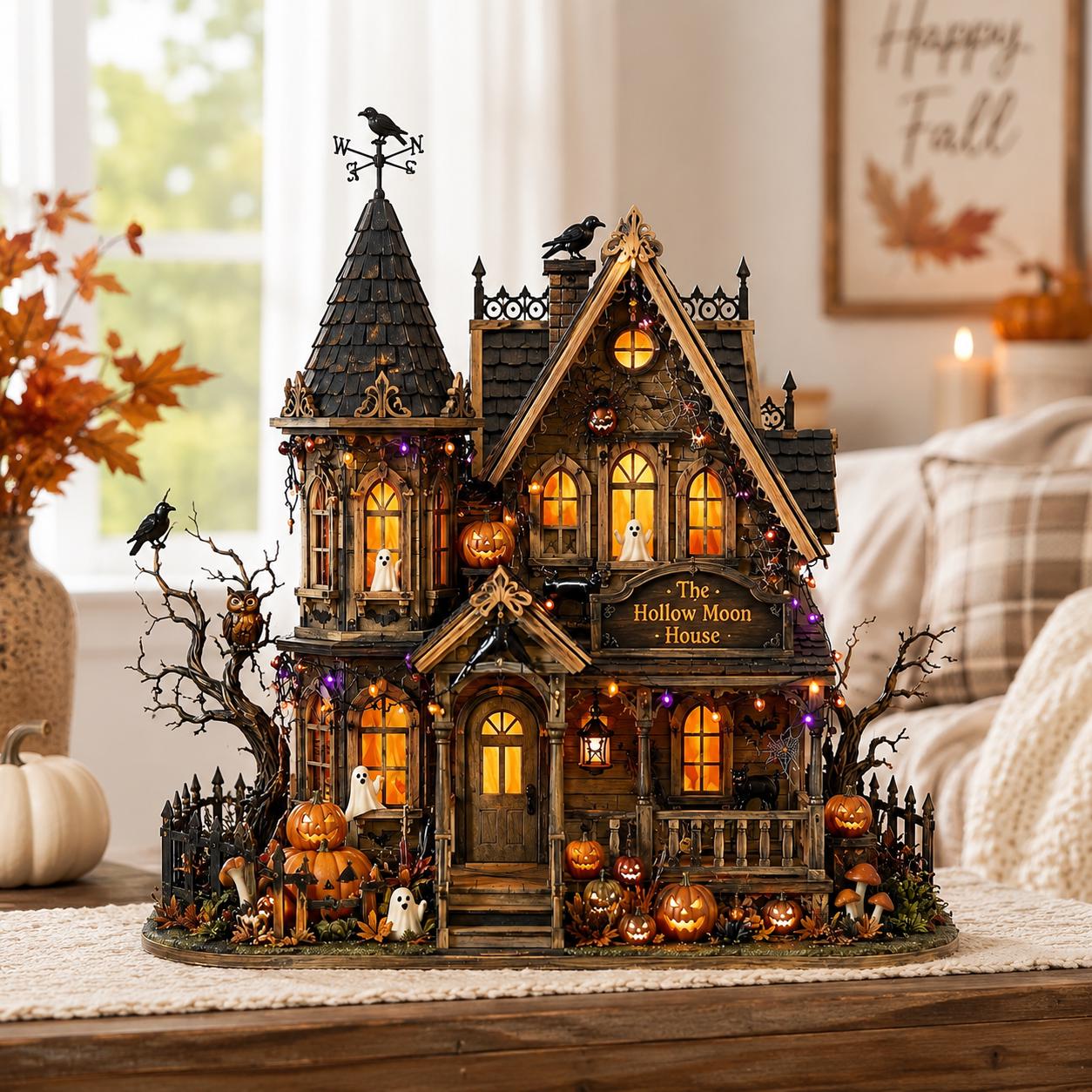 Personalized Haunted House Wood Block, Gothic Halloween Shelf Decor