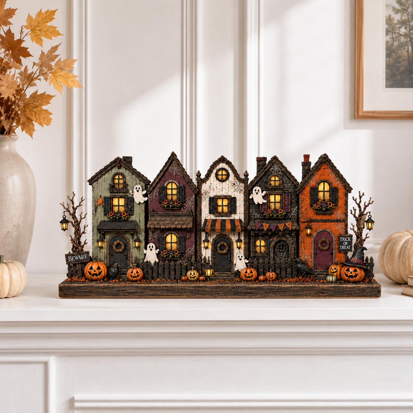 Personalized Village Halloween House Wood Sign, Custom Spooky Ghost Shelf Display, Halloween Gift For Family, Gothic Decor