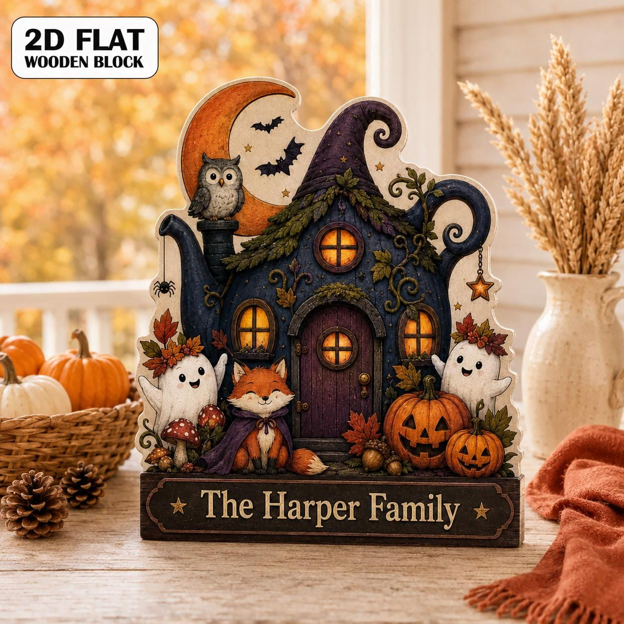 Personalized Witch House Wood Block, Fox Halloween Family Name Decor