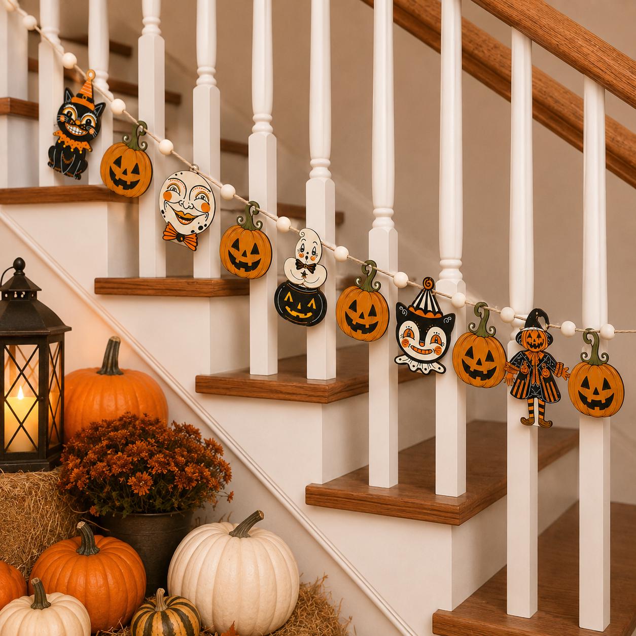 Retro Halloween Faces Wooden Garland, Black Cat Pumpkin Ghost Clown and Scarecrow Banner, Vintage Spooky Mantel and Wall Hanging Home Decor