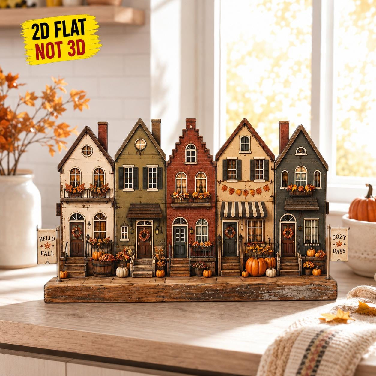Personalized Fall Town Wooden Block, Autumn Village Decor, Custom Family Name Sign, Pumpkin Harvest Shelf Sitter Decor