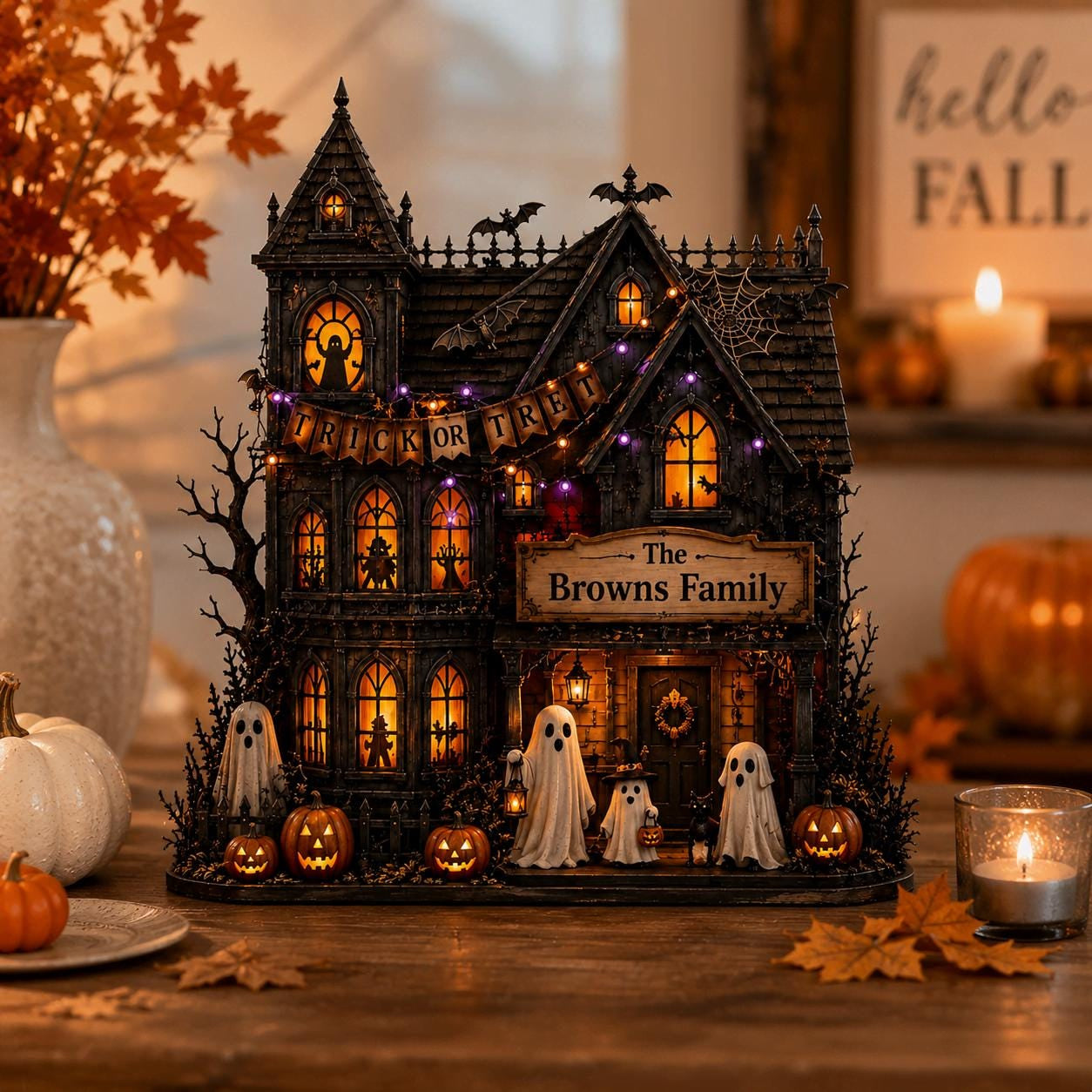 Personalized Haunted House Wood Block, Custom Family Halloween Decor