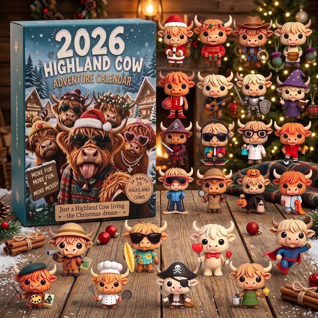Highland Cow Advent Calendar 2026, 24 Day Christmas Countdown, 3D Mini Cow Figures