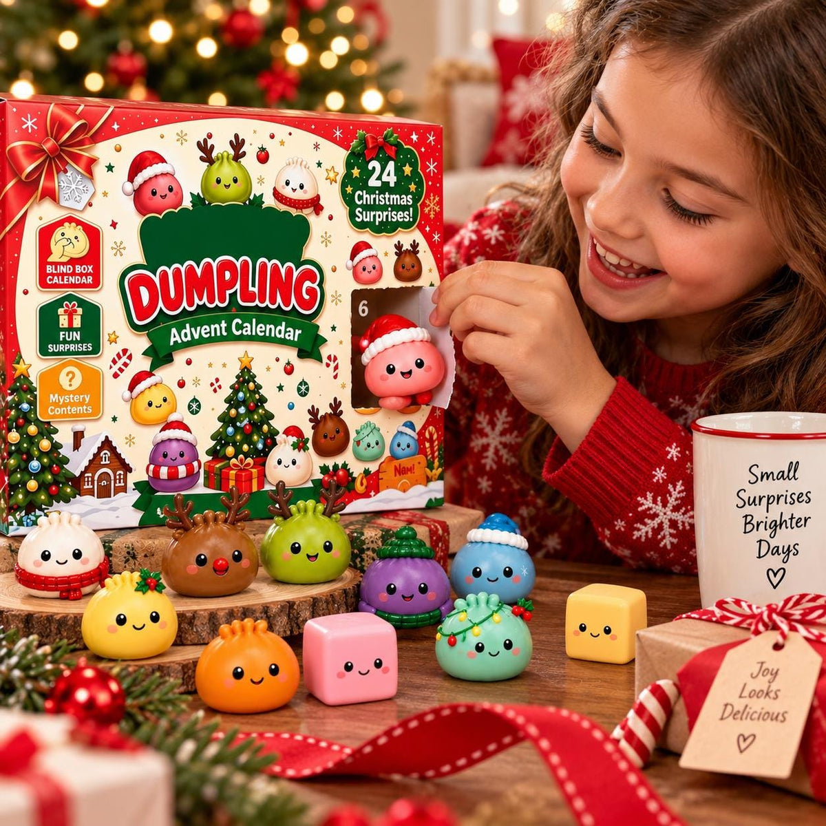 Dumpling Christmas Gift Set, 24 Day Squishy Advent Calendar, Cozy Blanket & Plush Dumpling Pillow, Cute Holiday Gift for Kids