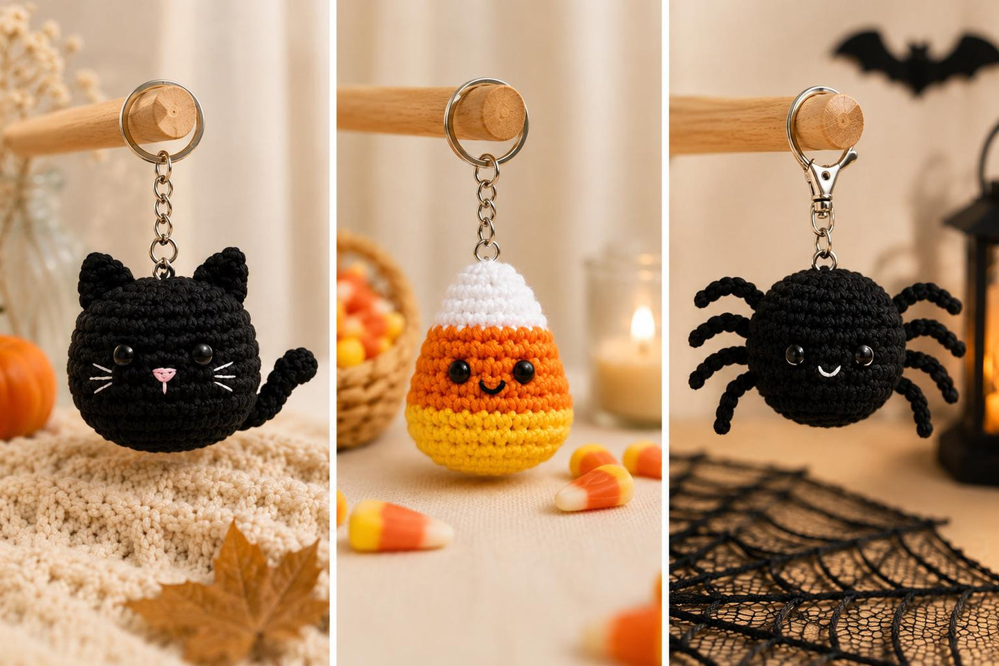 Halloween Crochet Keychain,Cute Ghost Pumpkin Bat Cat Spider Candy Corn Skull Witch Cauldron Vampire Fangs,Halloween Bag Charm, Gift for her