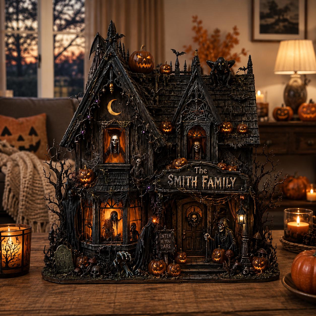 Personalized Haunted House Wood Block, Gothic Halloween Shelf Decor