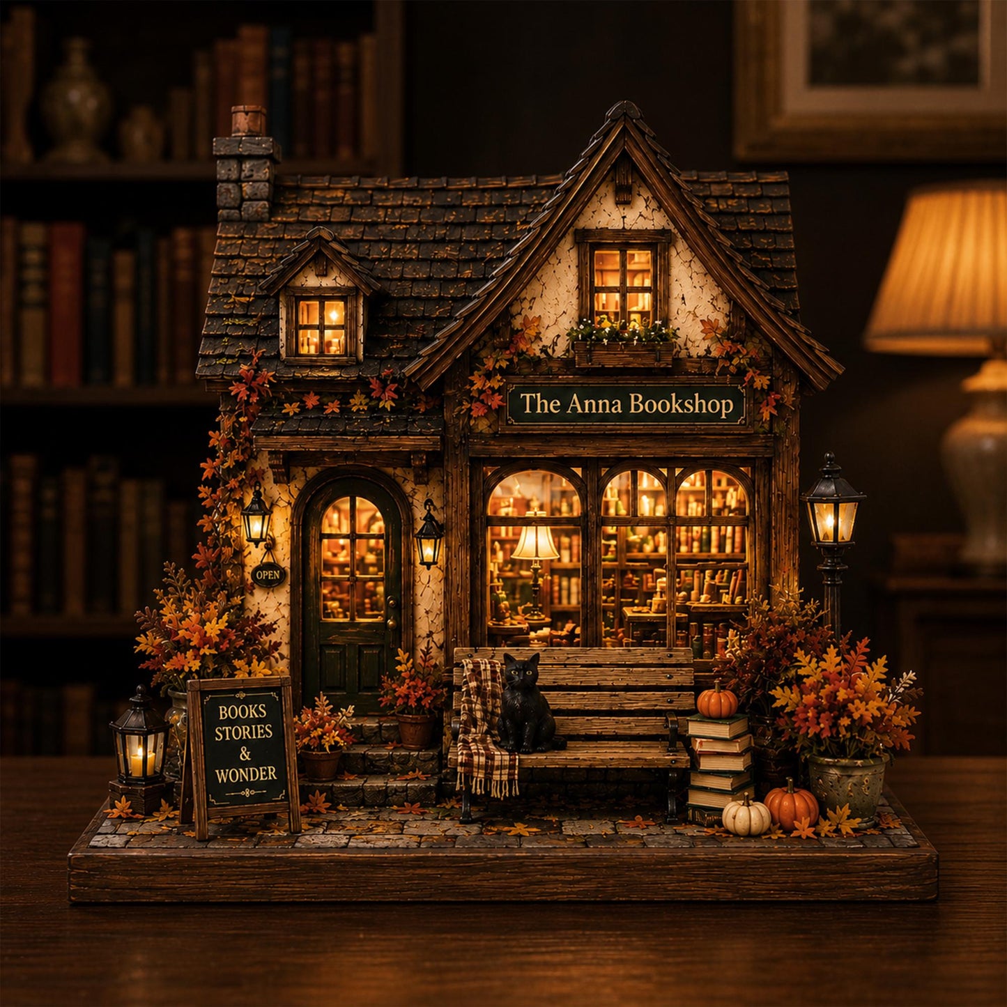 Personalized Fall Bookshop Wood Block, Cozy Autumn House Shelf Decor