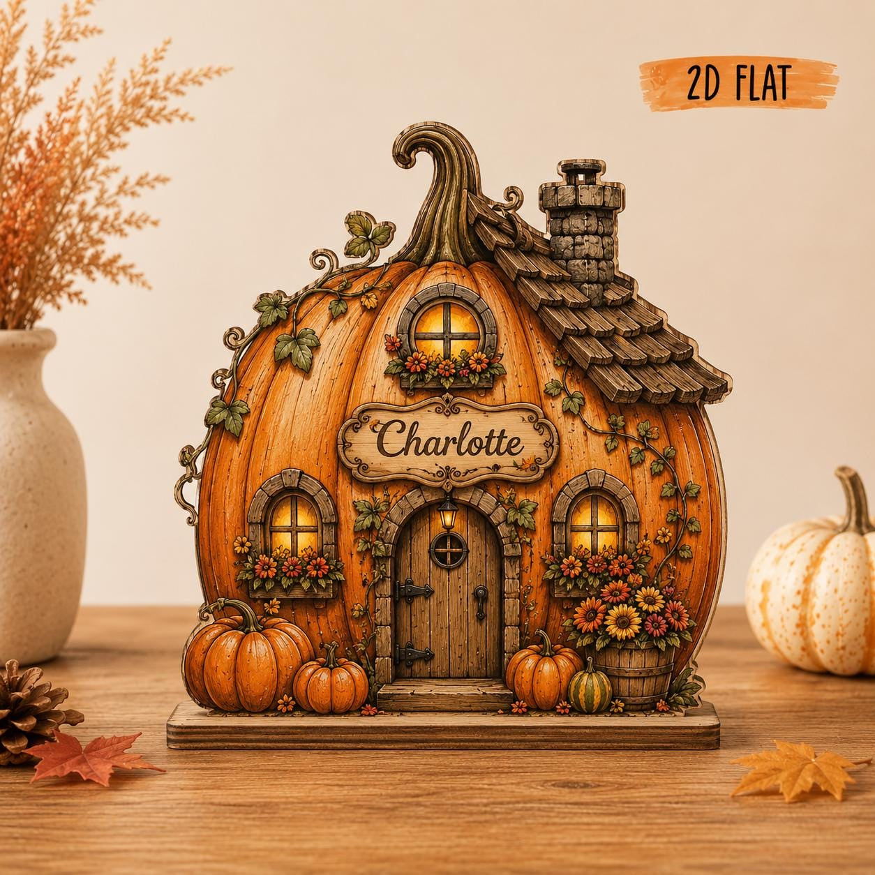 Personalized Pumpkin House Wooden Block, Custom Family Name Fall Decor, Autumn Cottage Shelf Sitter, Thanksgiving Home Gift
