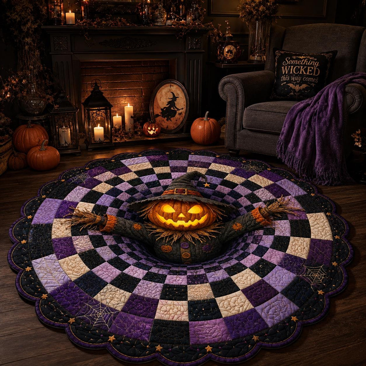 3D Pumpkin Scarecrow Halloween Round Rug