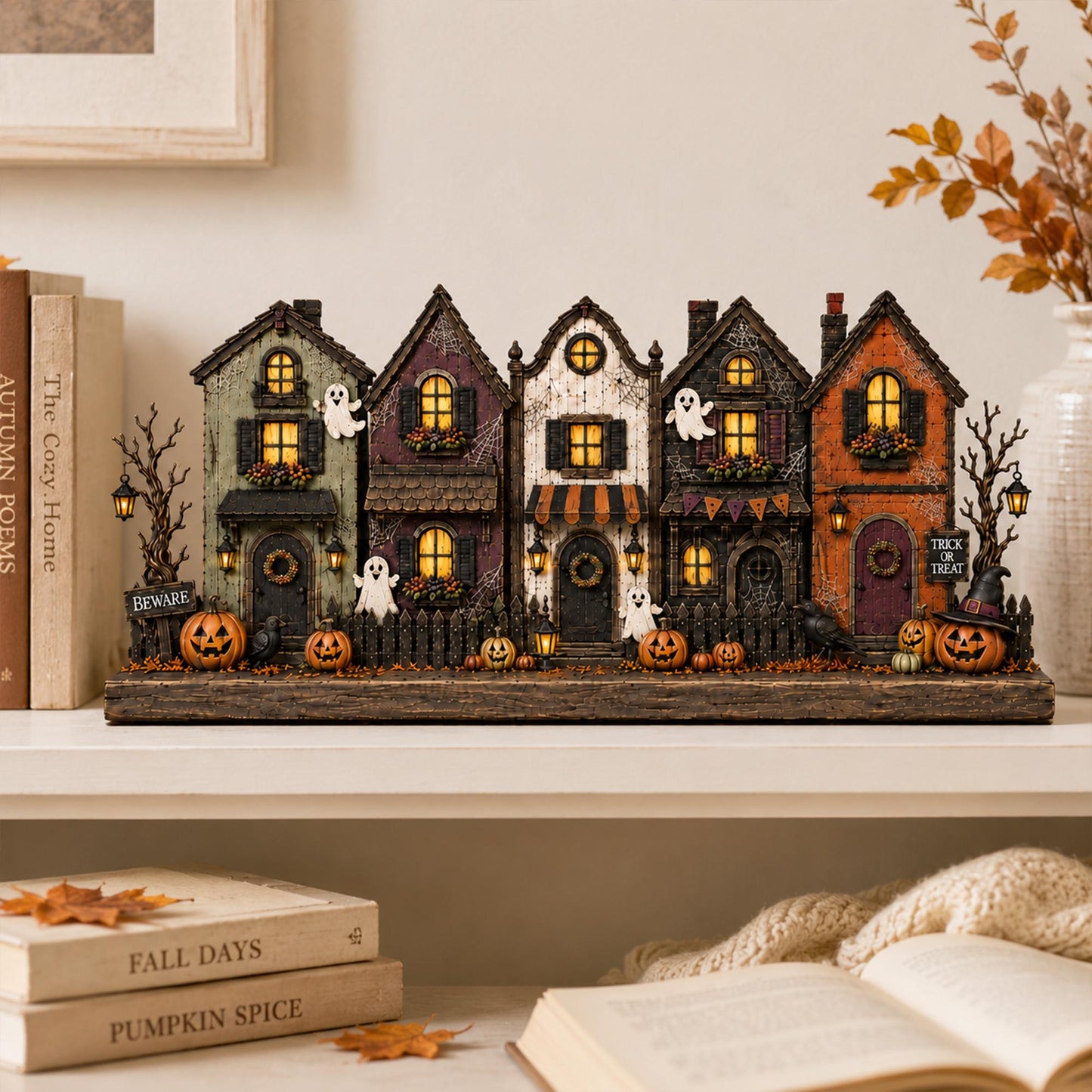 Personalized Village Halloween House Wood Sign, Custom Spooky Ghost Shelf Display, Halloween Gift For Family, Gothic Decor