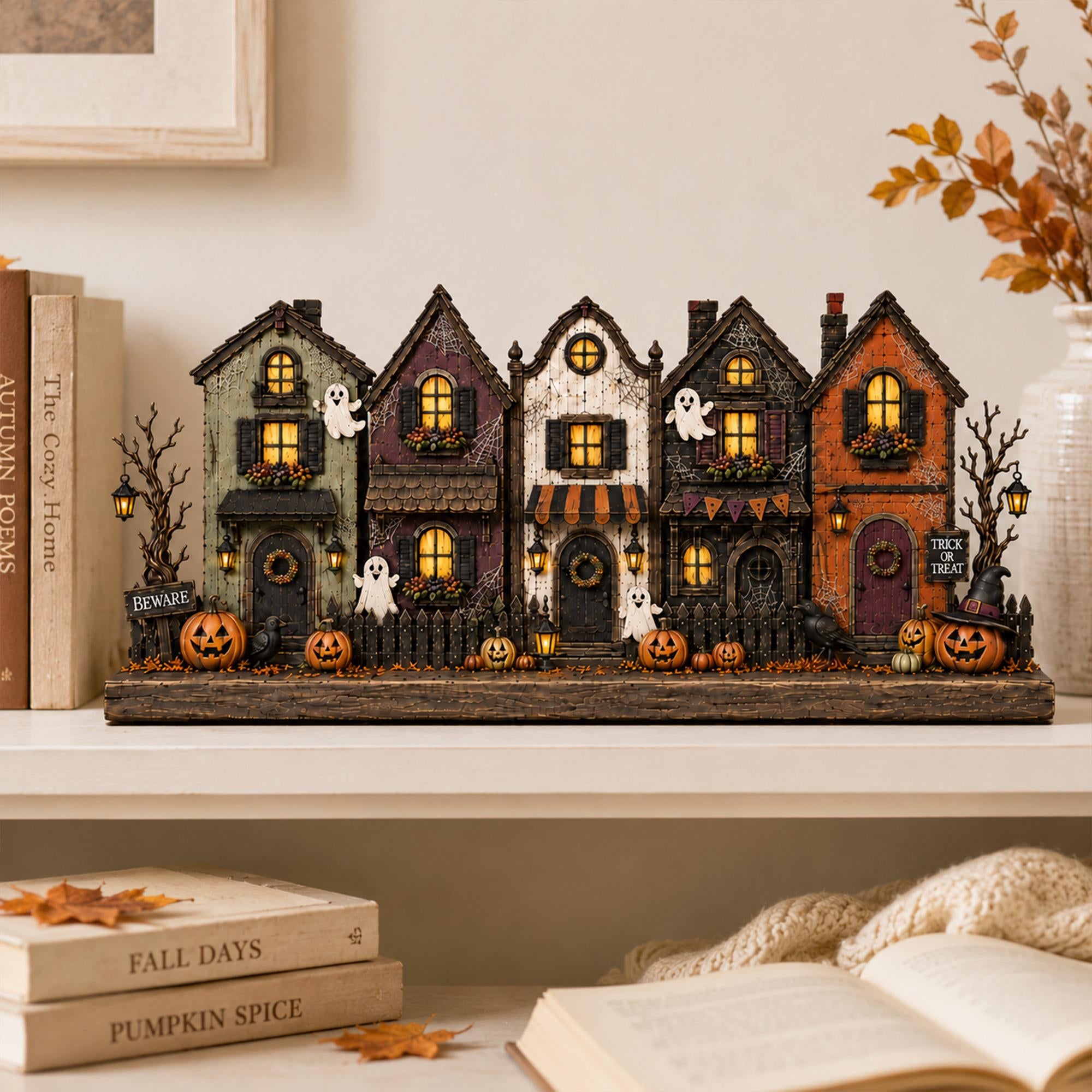 Personalized Village Halloween House Wood Sign, Custom Spooky Ghost Shelf Display, Halloween Gift For Family, Gothic Decor