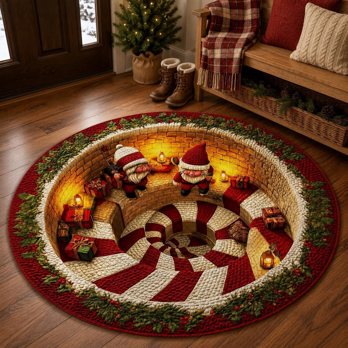 3D Christmas Gnome Round Rug