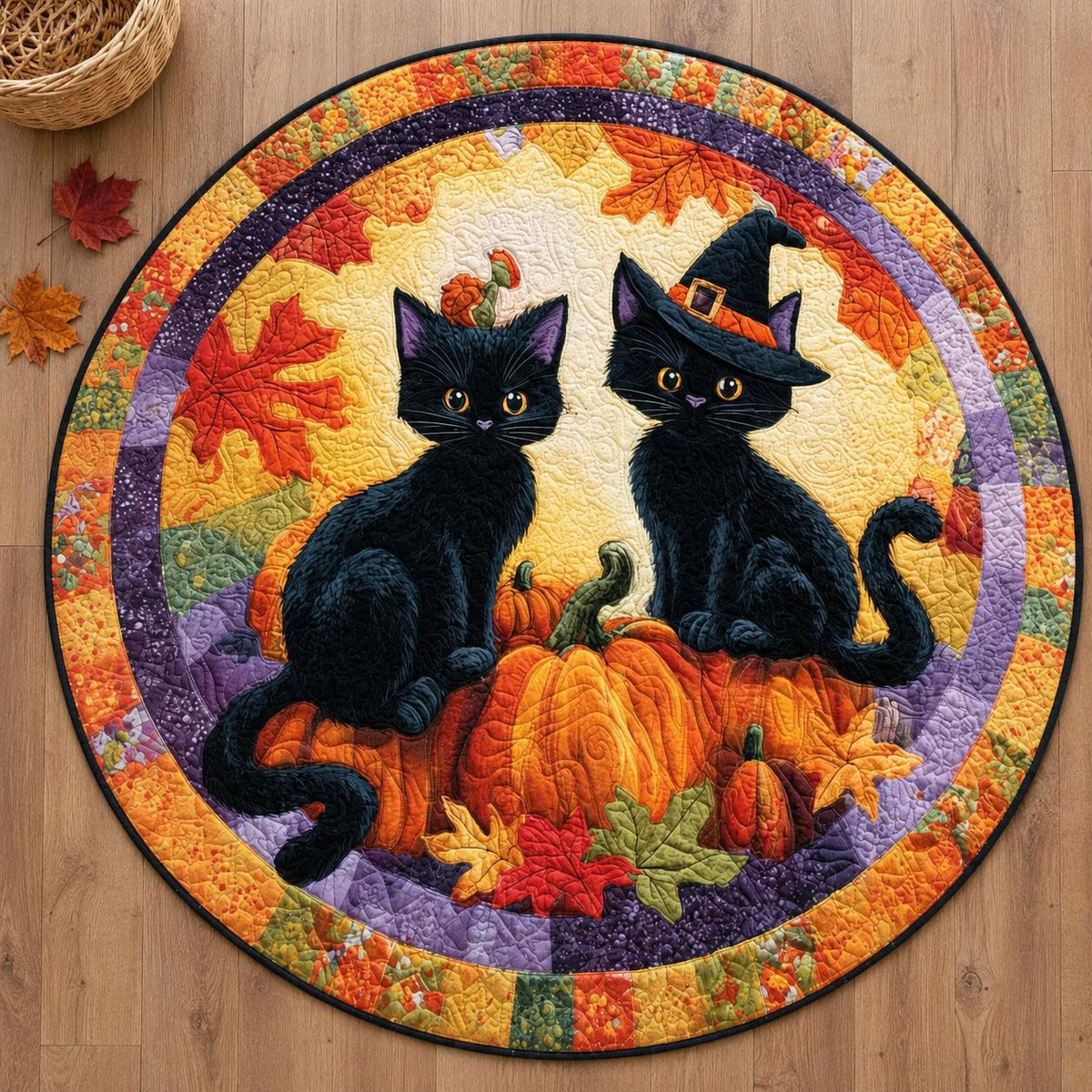 Black Cat Witch Halloween Round Rug