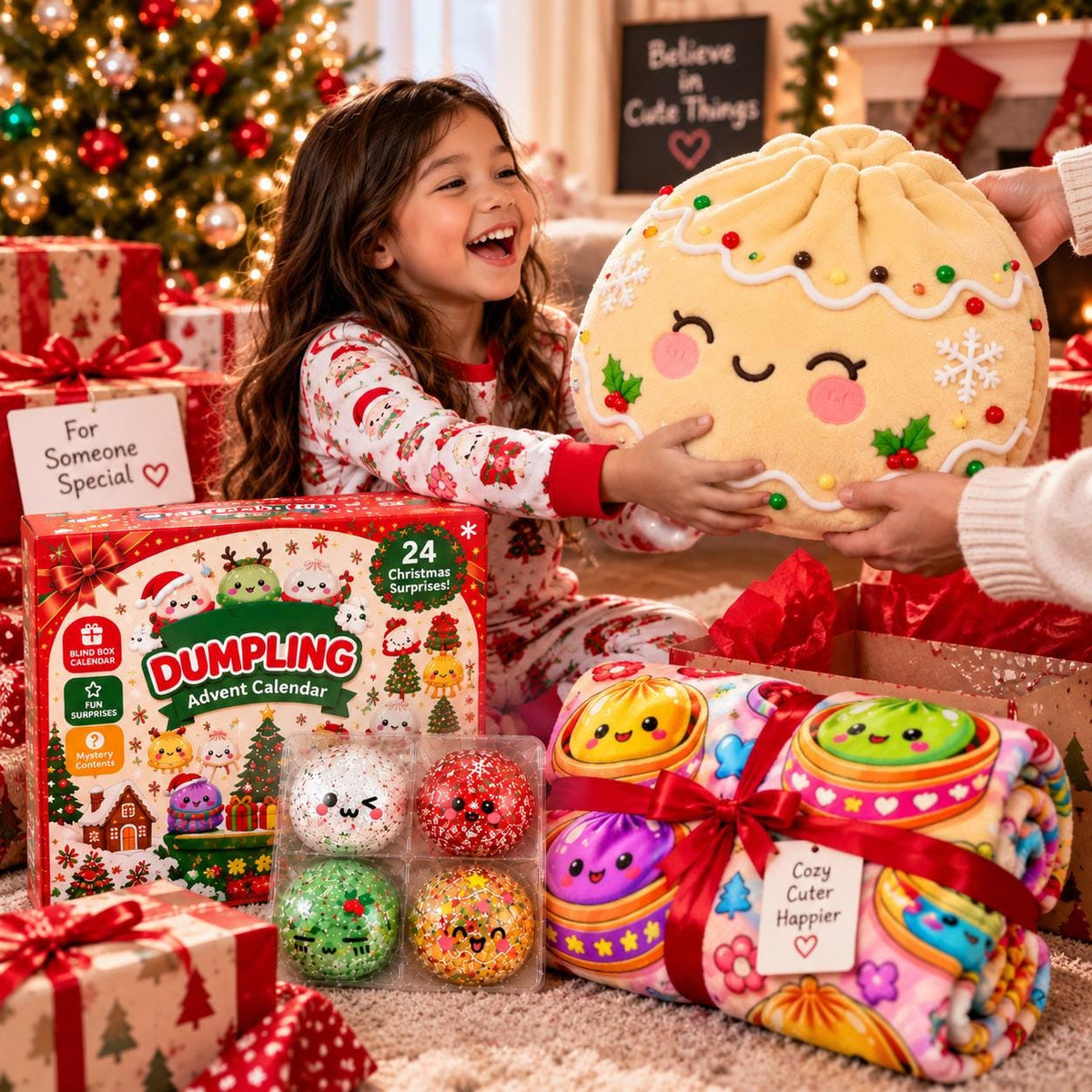 Dumpling Christmas Gift Set, 24 Day Squishy Advent Calendar, Cozy Blanket & Plush Dumpling Pillow, Cute Holiday Gift for Kids