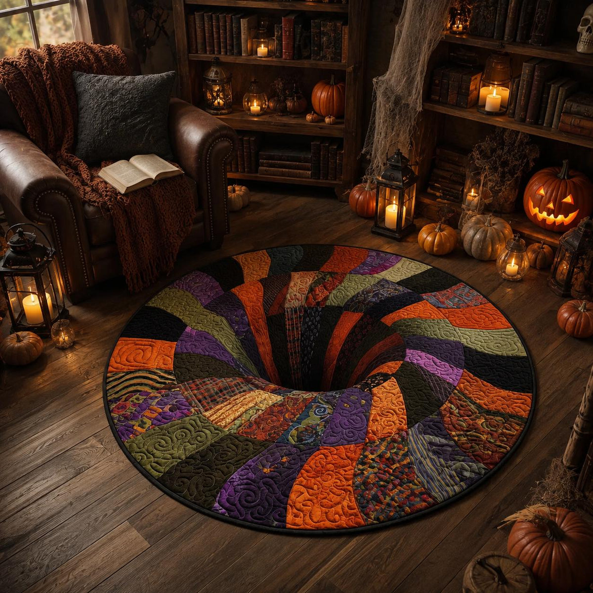 3D Patchwork Spiral Halloween Round Rug