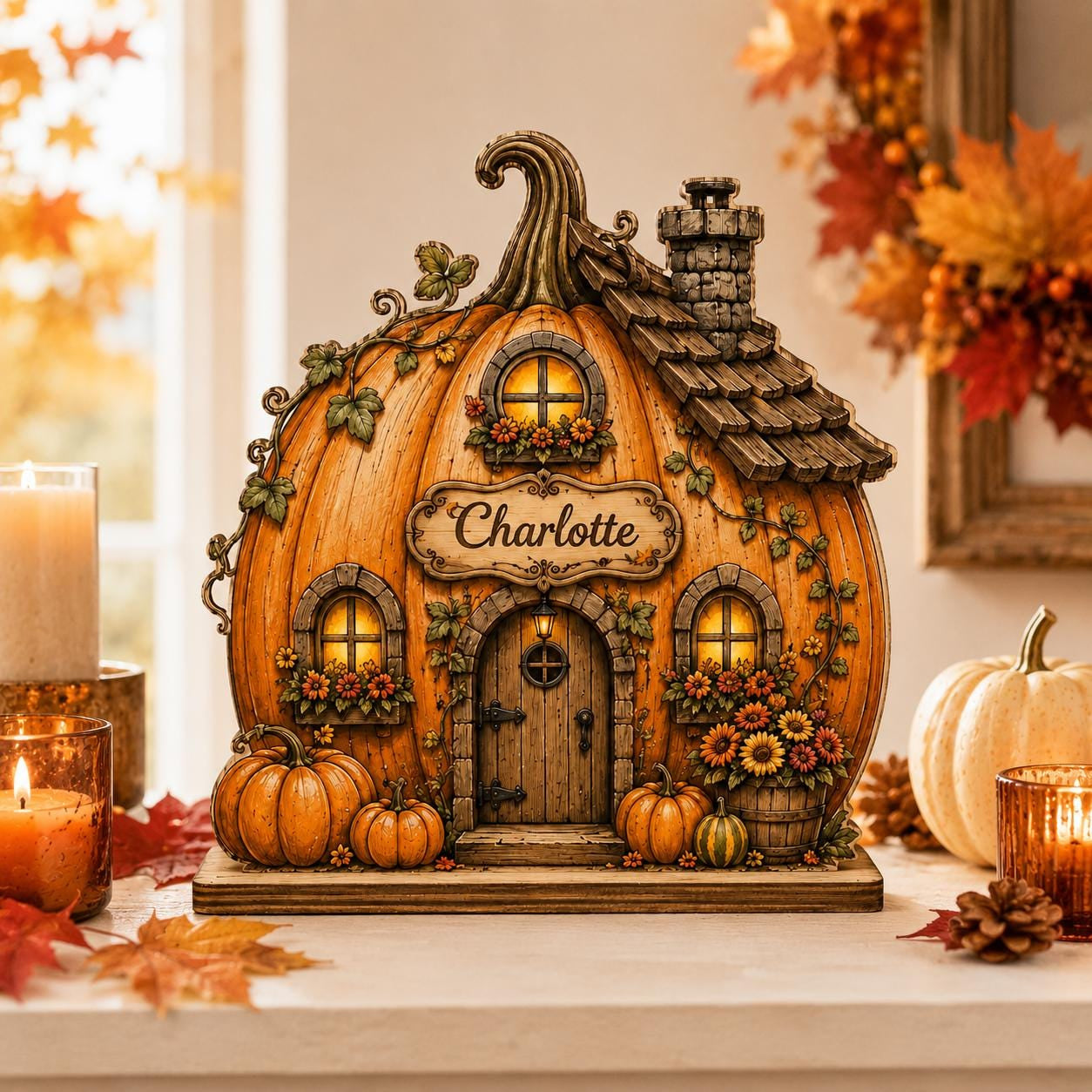 Personalized Pumpkin House Wooden Block, Custom Family Name Fall Decor, Autumn Cottage Shelf Sitter, Thanksgiving Home Gift