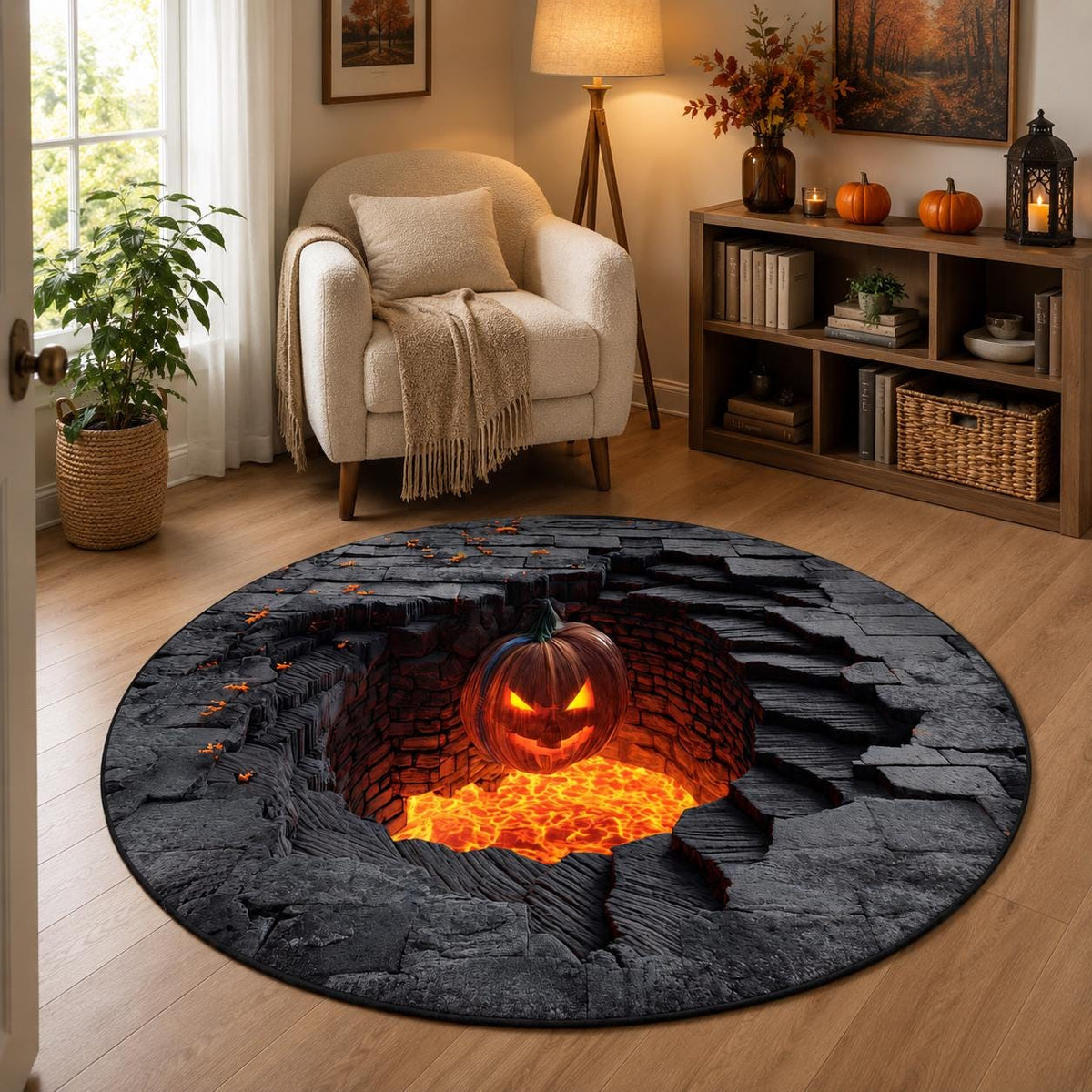 3D Pumpkin Lava Pit Halloween Round Rug