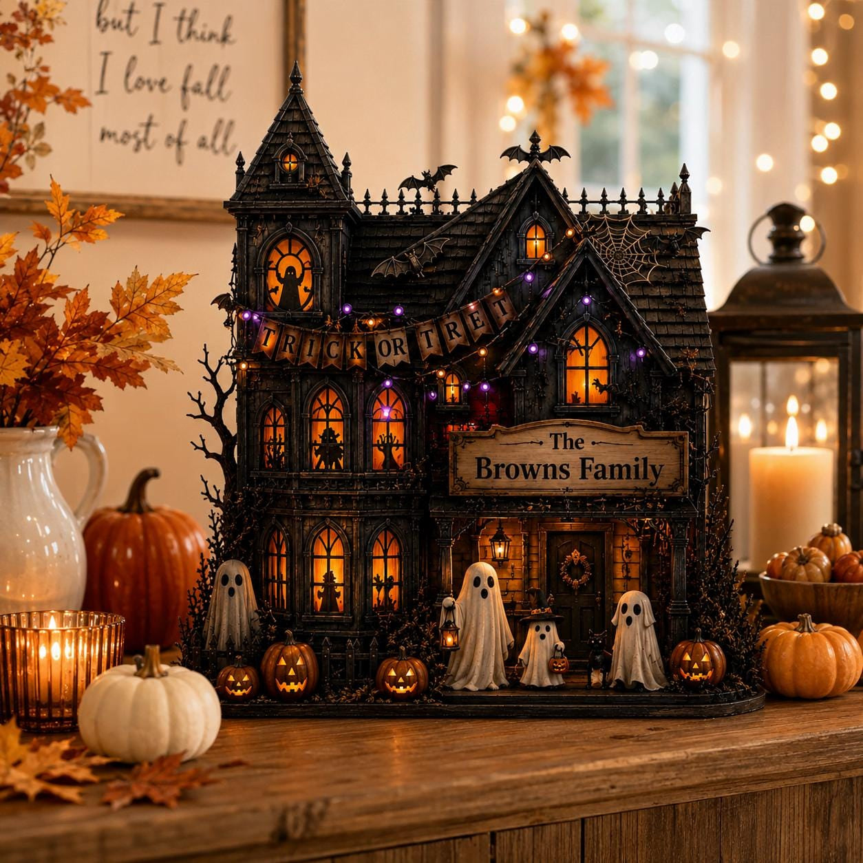 Personalized Haunted House Wood Block, Custom Family Halloween Decor
