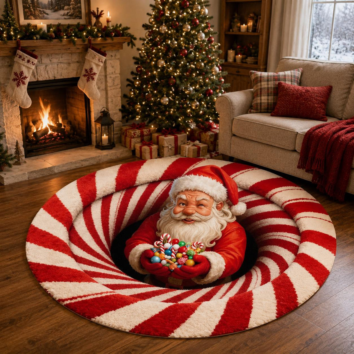 3D Santa Candy Cane Christmas Round Rug