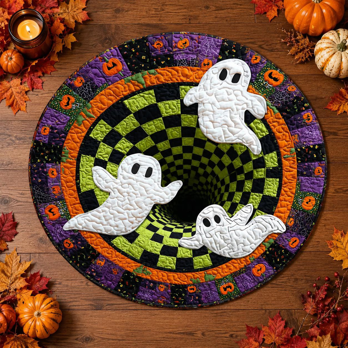 3D Ghost Halloween Rug, Round Spooky Checkerboard Optical Illusion Rug