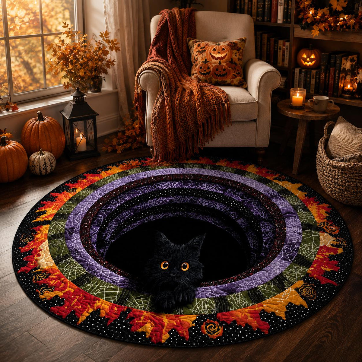 3D Black Cat Halloween Rug, Round Spooky Cat Portal Area Rug