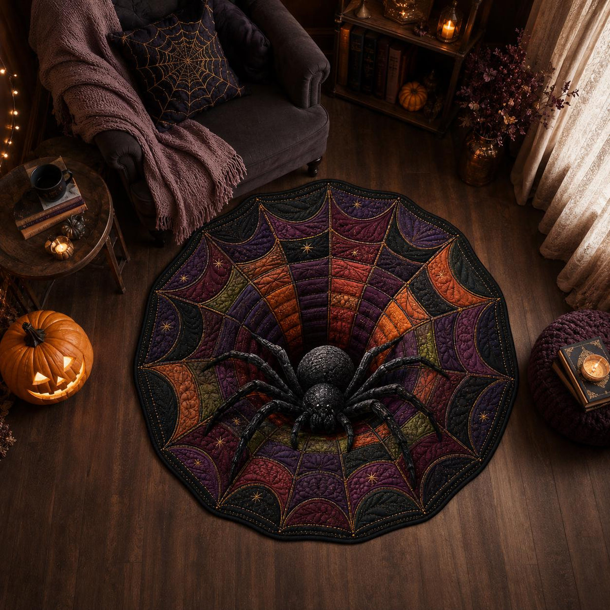 3D Spider Web Halloween Round Rug
