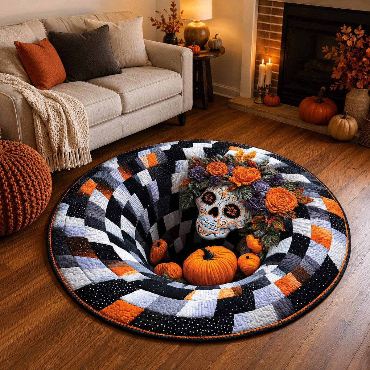 3D Sugar Skull Halloween Rug, Round Floral Skull Optical Illusion Rug