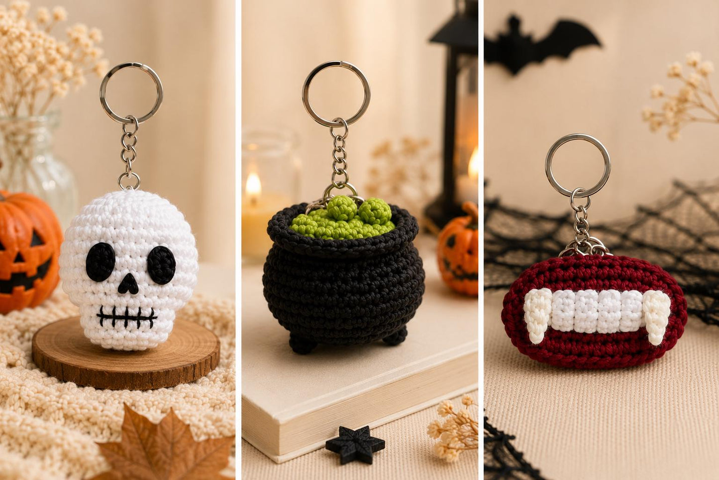 Halloween Crochet Keychain,Cute Ghost Pumpkin Bat Cat Spider Candy Corn Skull Witch Cauldron Vampire Fangs,Halloween Bag Charm, Gift for her