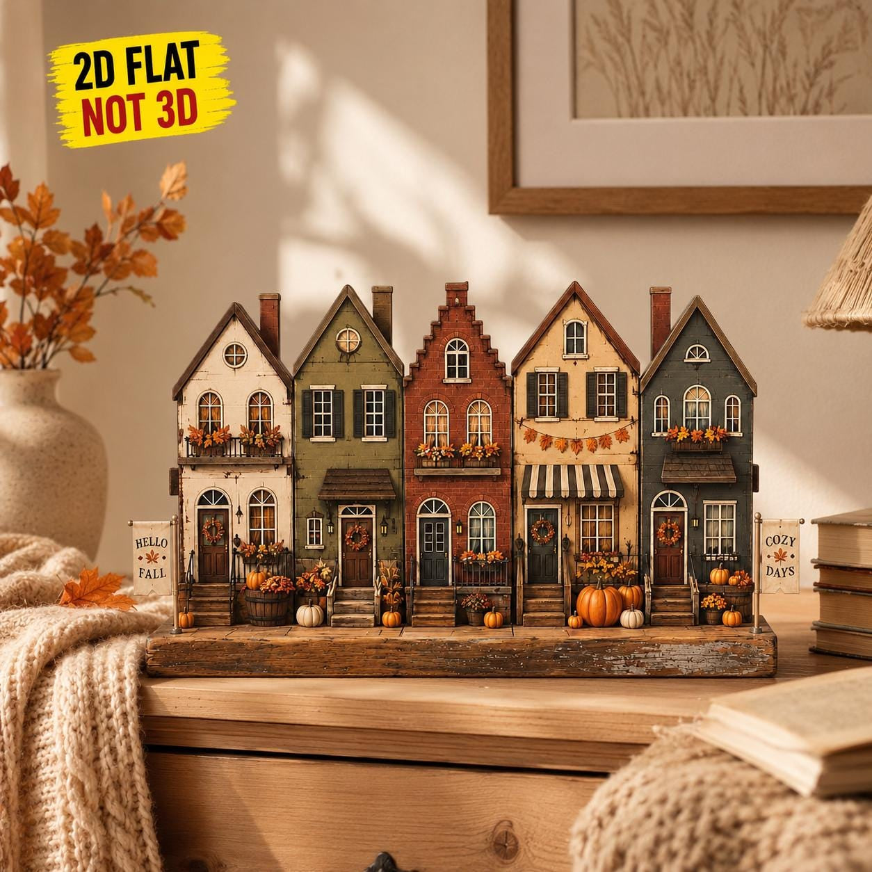 Personalized Fall Town Wooden Block, Autumn Village Decor, Custom Family Name Sign, Pumpkin Harvest Shelf Sitter Decor