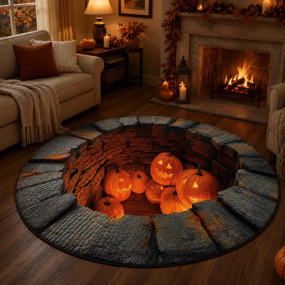 3D Pumpkin Halloween Round Rug