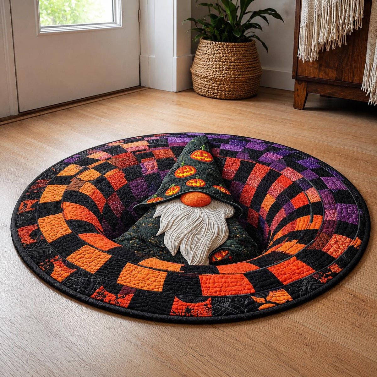3D Halloween Gnome Rug, Round Pumpkin Witch Optical Illusion Rug