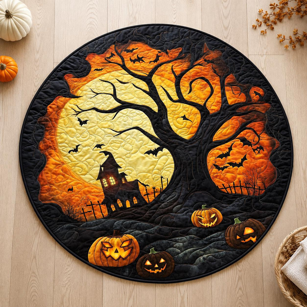 Halloween Haunted Tree Rug, Round Pumpkin Moon Area Rug
