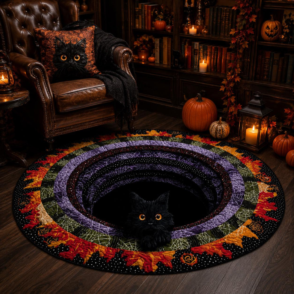 3D Black Cat Halloween Rug, Round Spooky Cat Portal Area Rug