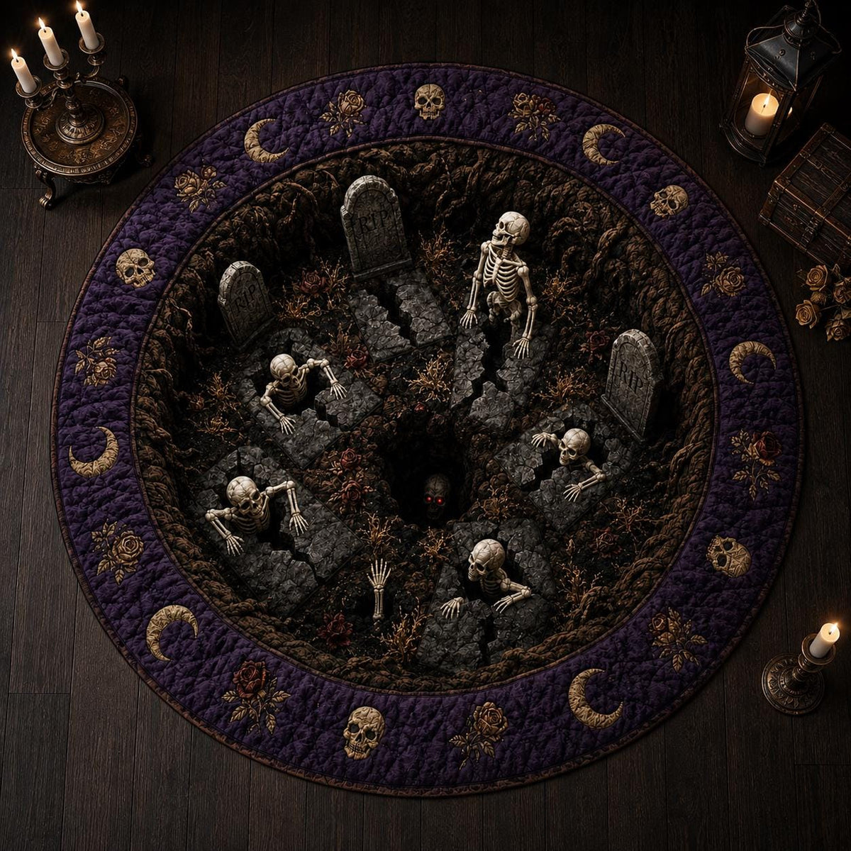 3D Skeleton Graveyard Halloween Round Rug