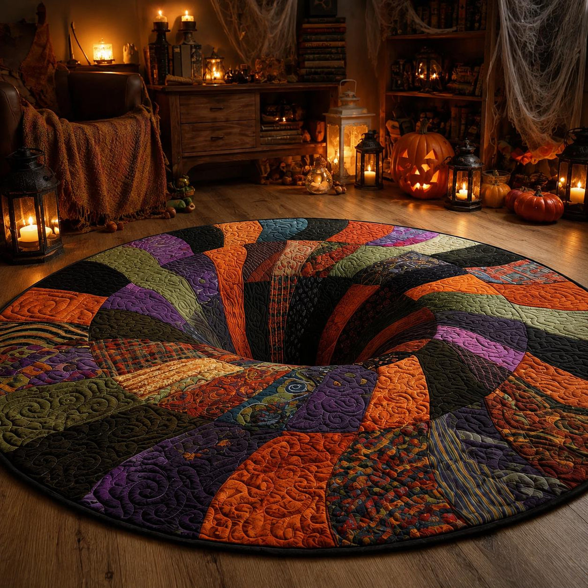 3D Patchwork Spiral Halloween Round Rug