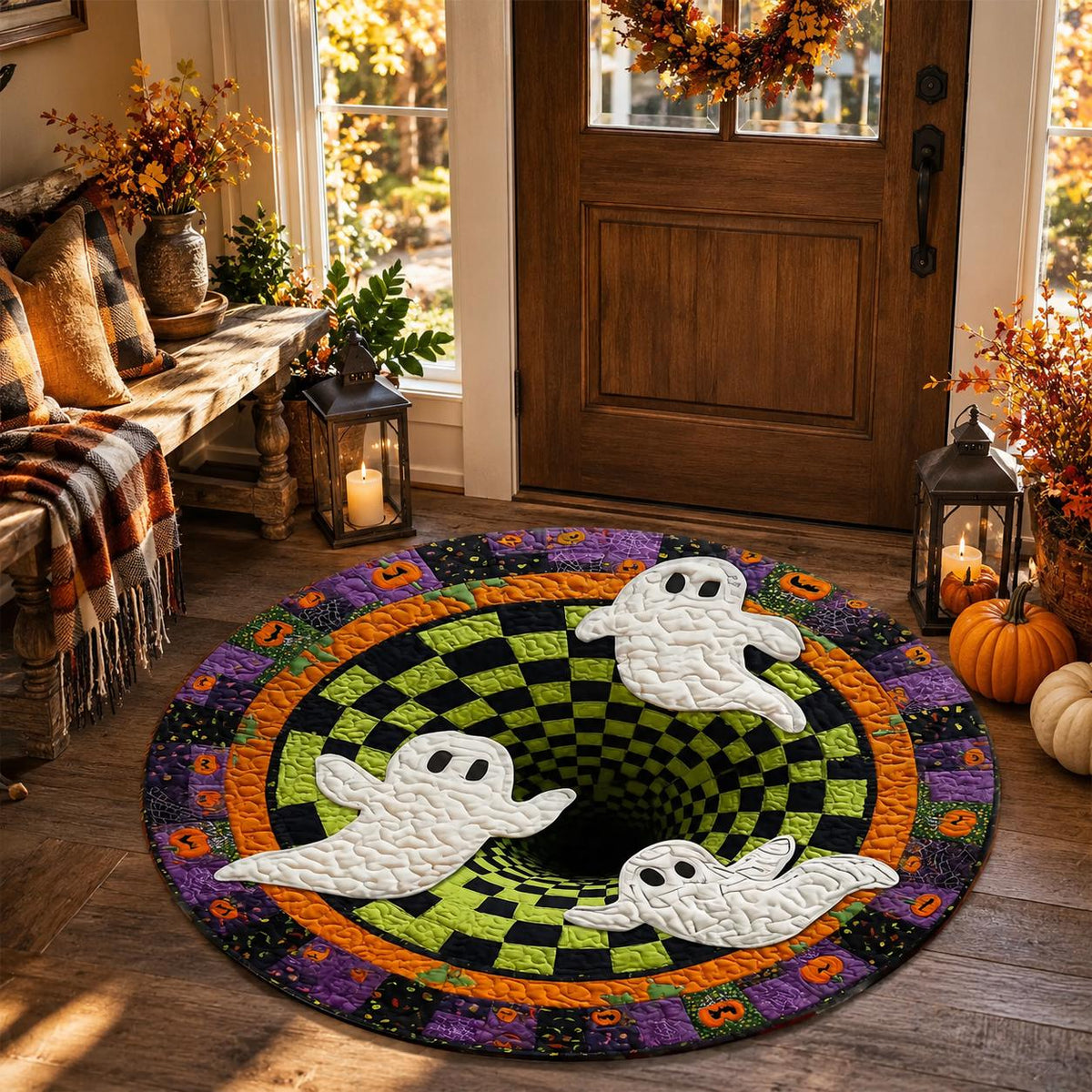 3D Ghost Halloween Rug, Round Spooky Checkerboard Optical Illusion Rug
