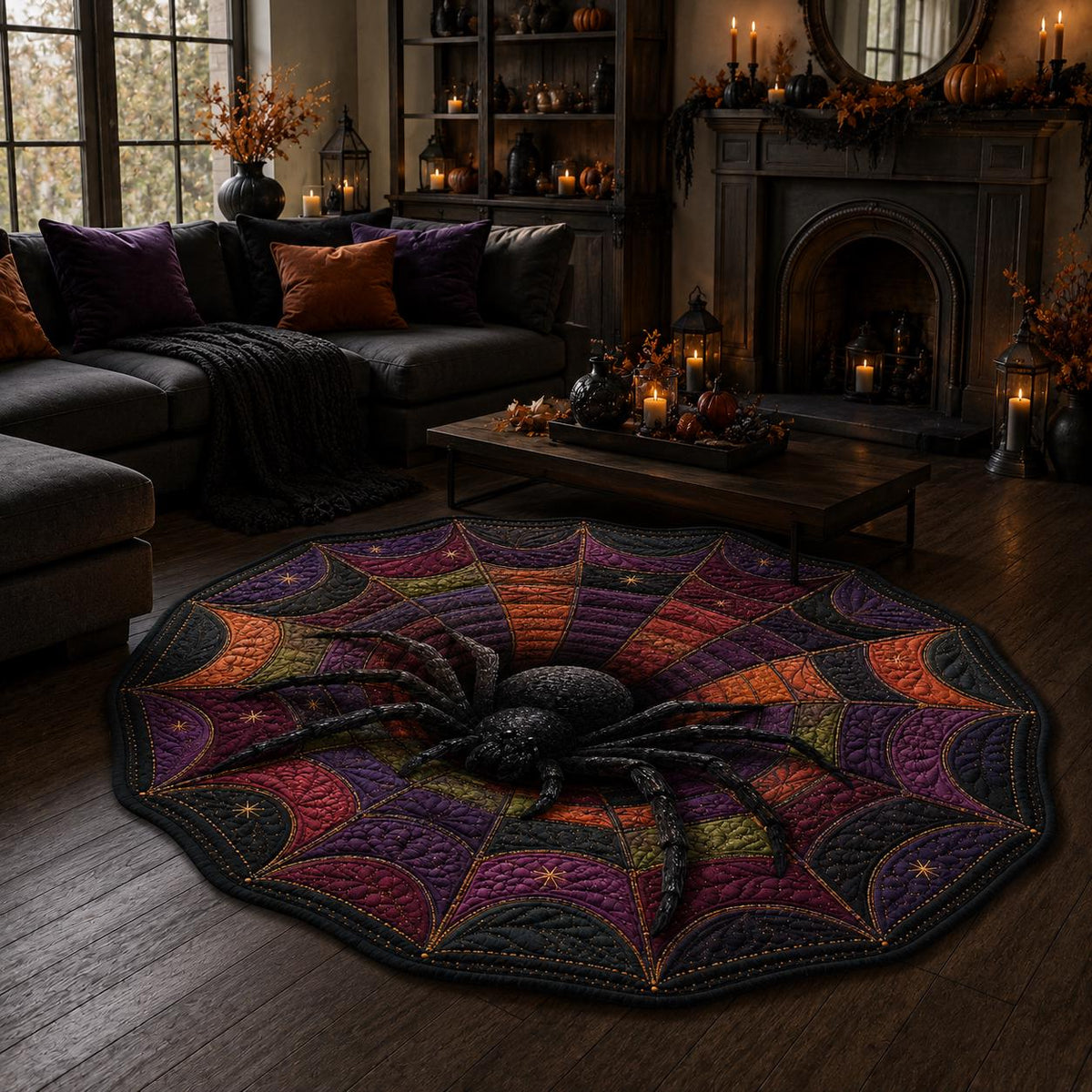 3D Spider Web Halloween Round Rug